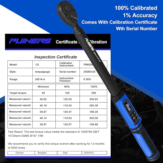 1/2" Digital Torque Wrench 2.2-147.5 Ft.lb/ 3-200 Nm， Digital Electronic Torque Wrench ±1% Accuracy, 5 Units LCD Screen with Buzzer & LED Alarm for Cars,Motorcycles,Bicycle