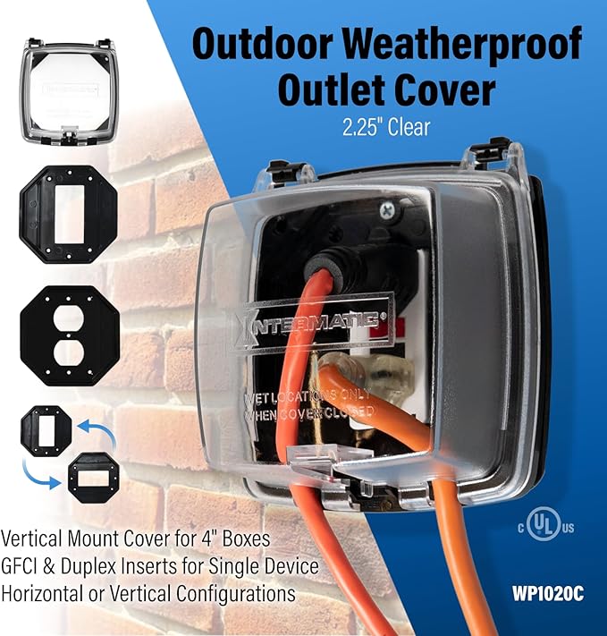 Intermatic WP1020C 2-1/4” Deep Weatherproof Outlet Cover – UV Stabilized Clear, GFCI & Duplex, Vertical Mount, UL Certified – Fits Single Device Only for Larger Double-Gang 4” x 4” Boxes
