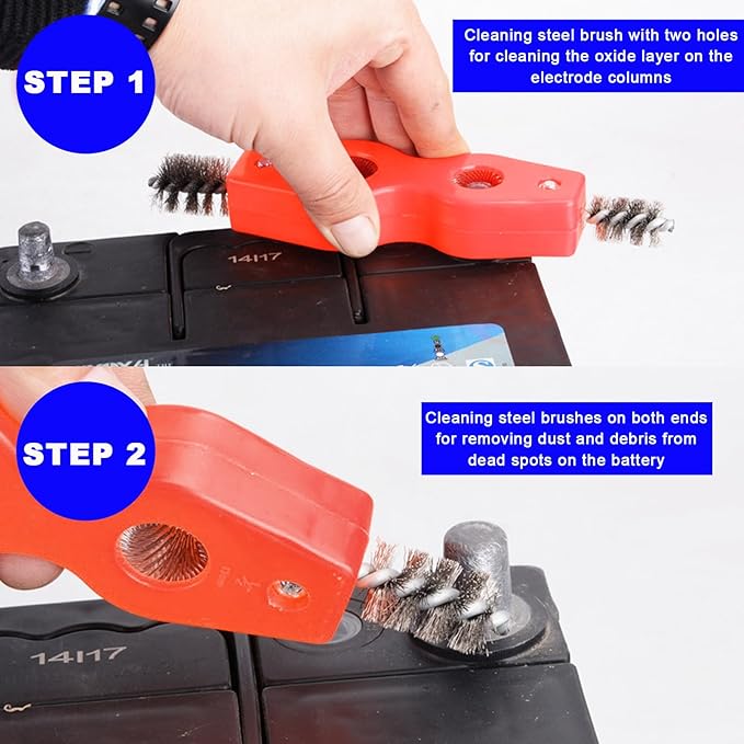 Battery Terminal Cleaning Brush, 4 in 1 Anti-Corrosion Car Battery Cleaner, Vehicle Battery Terminals Machine Parts Cleaning Tool for Auto Marine, Universal Car Accessories (Red)