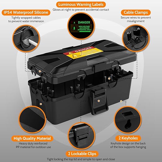 Wowbox Medium Outdoor Electrical Box Waterproof (10.3 x 6X 3.7inch), Black Weatherproof Extension Cord Box w/6 Cable Entry, IP54 Waterproof Outdoor Outlet Covers for Power Strip, Plug