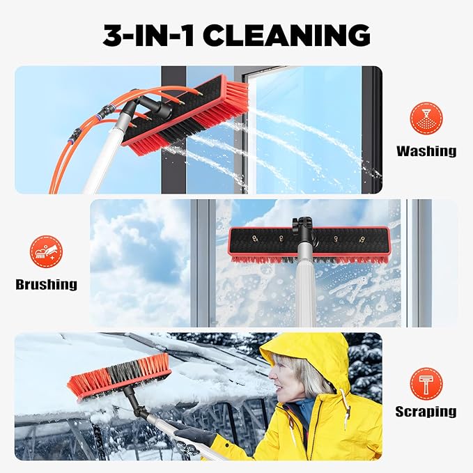 24FT Extendable Water Fed Pole - 3-in-1 Window Cleaning Kit with Wash/Brush/Scrape Head, Lightweight Aluminum for High-Rise Windows & Solar Panels (Adjustable Brush)