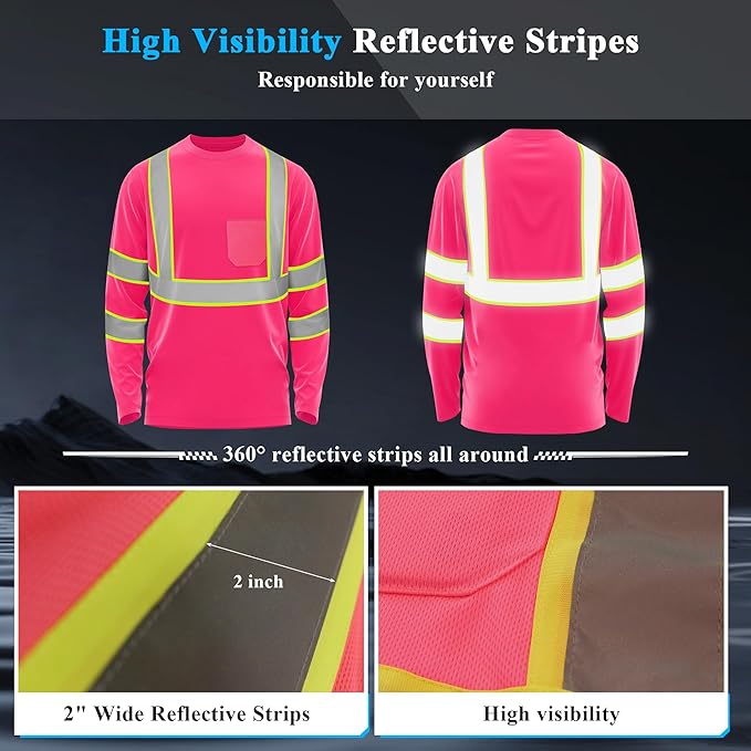 W&H Hi Vis Safety Long Sleeve Shirts Reflective High Visibility Birdeyes Class 3 Shirts,Construction Work