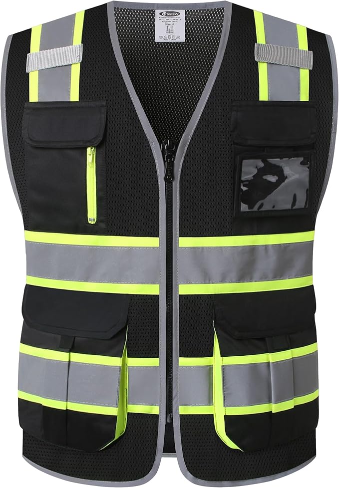 JKSafety 9 Pockets Hi-Vis Mesh Safety Vest for men and women | Chaleco reflectante de seguridad | Zipper Front | Multiple Pockets | Class 1 (140-Black XXL)
