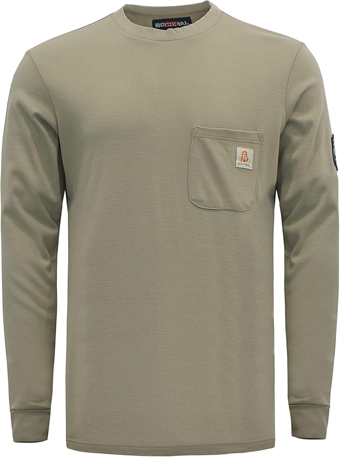 BOCOMAL FR Shirts Crewneck 7oz Midweight Flame Resistant Clothing NFPA2112 CAT2 Men's Fire Retardant Work Shirt