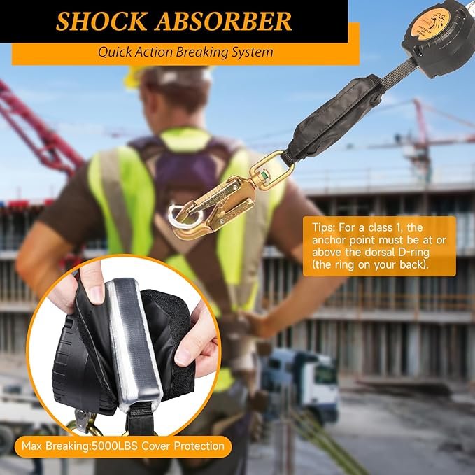 TRSMIMA Fall Protection Retractable Lanyard - 10FT Construction Self-Retracting Lanyard Fall Arrest Safety Roofing Carbineer Swivel Top Steel Snap Hook