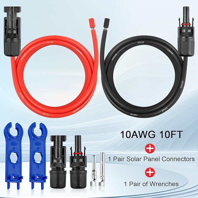 10AWG Solar Extension Panel Cable - 10FT Solar Wire with Waterproof Female and Male Connector and Solar Panel Adaptor Kit Tool PV Wire for RV, Home, Boat, Solar Panels(10feet Red + 10feet Black)