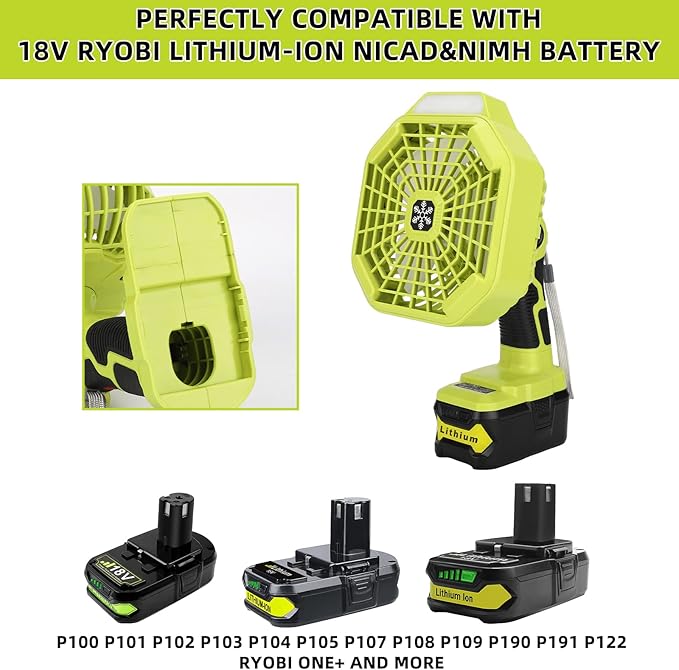 Taingwei Cordless Fan with Remote for Ryobi 18v Battery,Portable Fan with 3 Energy Efficient Speed Settings and Dimmable Led Light (TOOL ONLY)