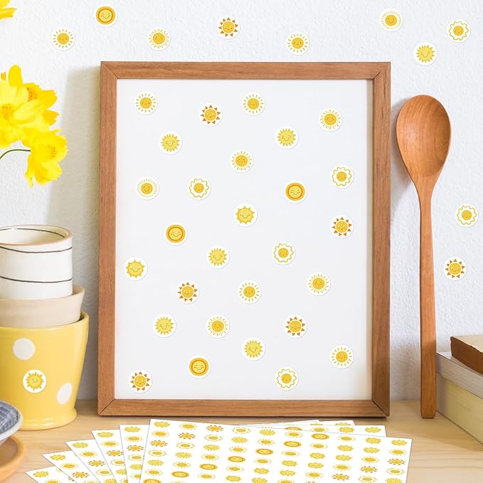 JarThenaAMCS 2400Pcs Mini Sun Sticker Cute Smile Face Paper Decals 9 Designs Yellow Self-Adhesive Stickers for Summer Envelopes Scrapbook Gifts DIY Supplies, 0.5 in