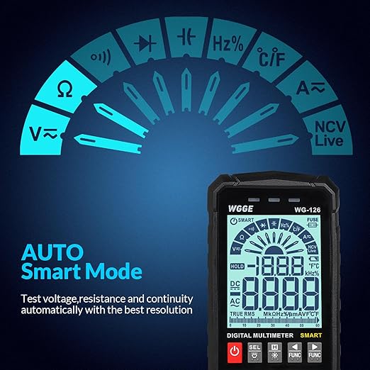 WGGE Digital Multimeter Voltmeter Smart Electrical Tester Measures Voltage Current Resistance Continuity Duty-Cycle Capacitance Temperature Frequency Auto Ranging 6000 Counts TRMS