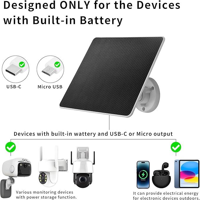 LIYVZ 5W Solar Panel for Security Camera Outdoor, USB-C & Micro-USB Compatible, IP66 Waterproof, 360° Adjustable Bracket, 10ft Cable, Continuous Solar Power for Rechargeable Battery Cameras