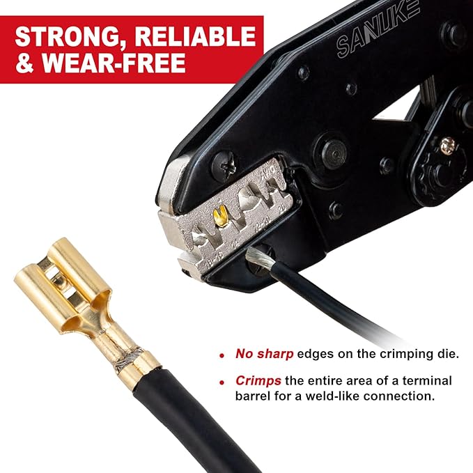 Sanuke Ratchet Crimping Tool for Non-Insulated Open Barrel Terminals & Receptacles, AWG 22-10 Ratcheting Wire Crimper, Electrical Terminal Crimp Pliers