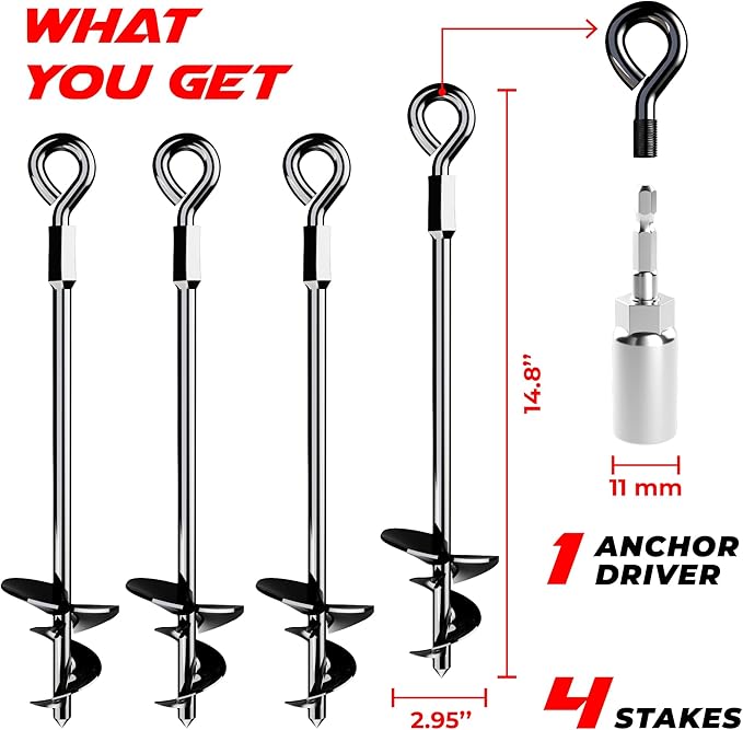 15" Ground Anchors Screw-in - Heavy Duty for High Winds - Ground Stakes - Earth Anchors for Sheds, Swing Sets, Tents, Trampolines, Gazebos, Carports, and Hurricane Tie-Downs