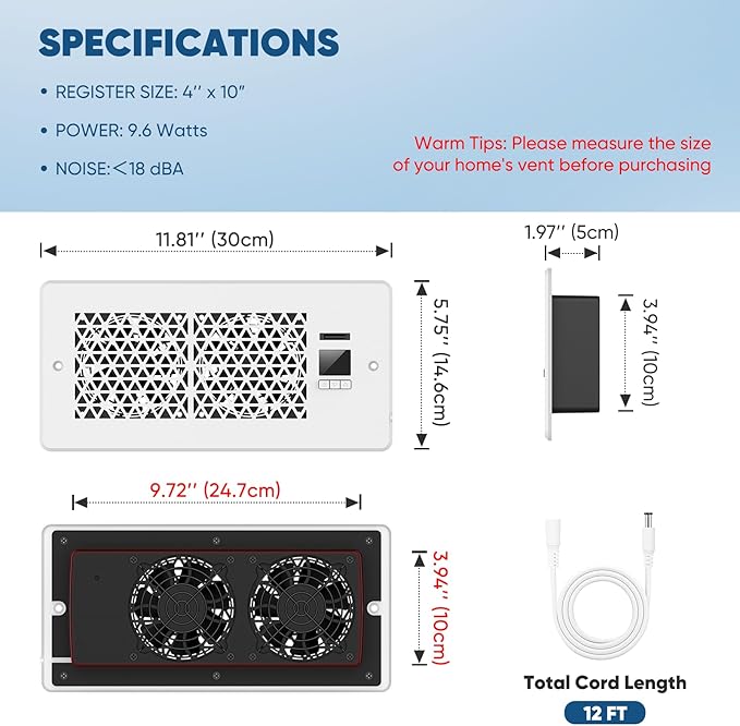 Register Booster Fan for 4" x 10" Register Holes with Remote Control and Thermostat, 10-Speeds Floor Vent Fans Booster - Enhances AC Heating&Cooling Airflow, Quiet Air Duct Fan for Wall, White