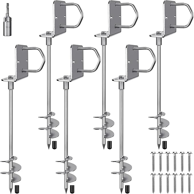 18" Heavy Duty Screw in Ground Anchors Kit, 3" Spiral Windproof Earth Anchors for Trampoline, Shed, Swing Set & Mobile Home, Fully Welded Steel with Nut Driver Drill Bit (Set of 6)
