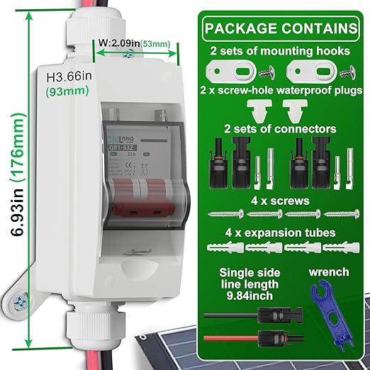 Solar Panel Disconnect Switch 32 Amp 500V DC Miniature Circuit Breaker with Plug-and-Play Connector and IP65 Waterproof Box for Outdoor PV or AC Stystem, RV and Solar