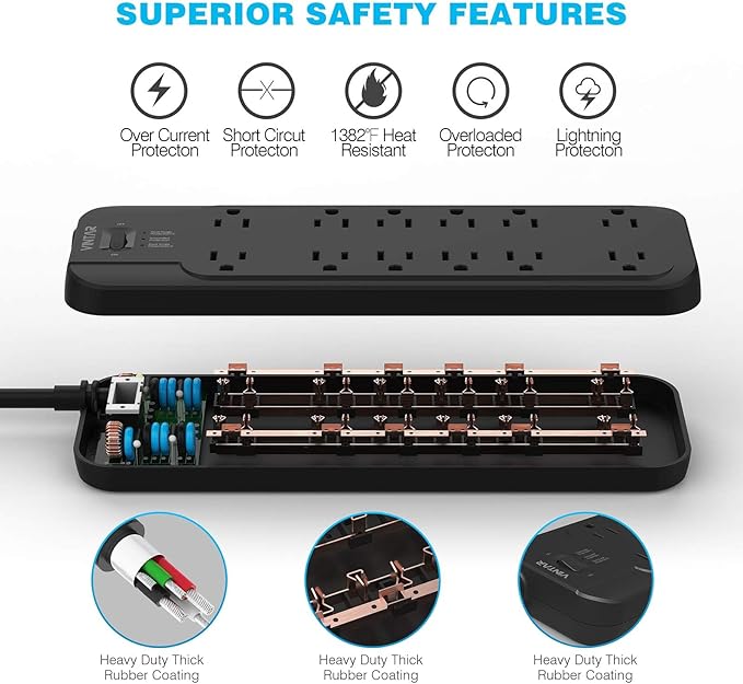 VINTAR Power Strip Surge Protector with 12 AC Outlets, 1875W Output, 10FT Long Extension Cord Flat Plug with Dual Surge Protection (2 × 4800 Joules) for Office, Home, ETL Listed, Black