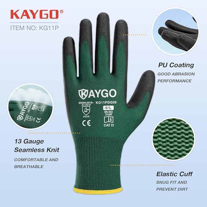 KAYGO Work Gloves for Men and Women,12 Pairs Seamless Knit PU Coated Safety Gloves, with Smooth Grip on Palm and Fingers, Ideal for Light Warehouse, Manufacturing, Gardening, KG11P (L,Dark Green)
