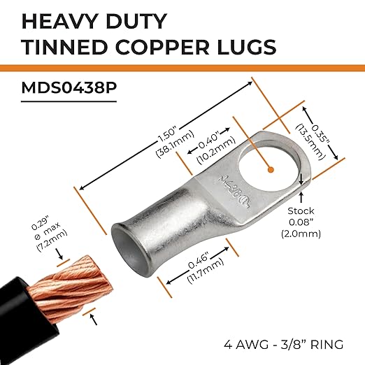 SELTERM 25pcs 4 AWG 3/8" Stud Marine Grade Tinned Copper Battery Cable Lugs, 4 Guage Ring Terminals, UL Wire Lugs Electrical Battery Cable Ends, Tinned Copper Lugs Battery Terminal Connectors