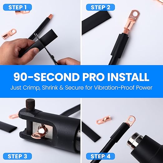 Heavy Duty 2/0 & 1/0 AWG Battery Lugs Kit - 3/8" & 5/16" Ring Terminals with Heat Shrink Tubing (16-Piece Set) - Pure Copper Cable Ends for Automotive, Marine, Solar Power Connections