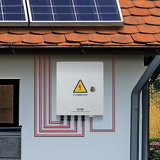 VEVOR PV Combiner Box, 4 String Metal Solar Combiner Box with 15A Rated Current Fuse 63A Circuit Breaker Lightning Arrester, Steel Case for On/Off Grid Solar Panel System, IP65