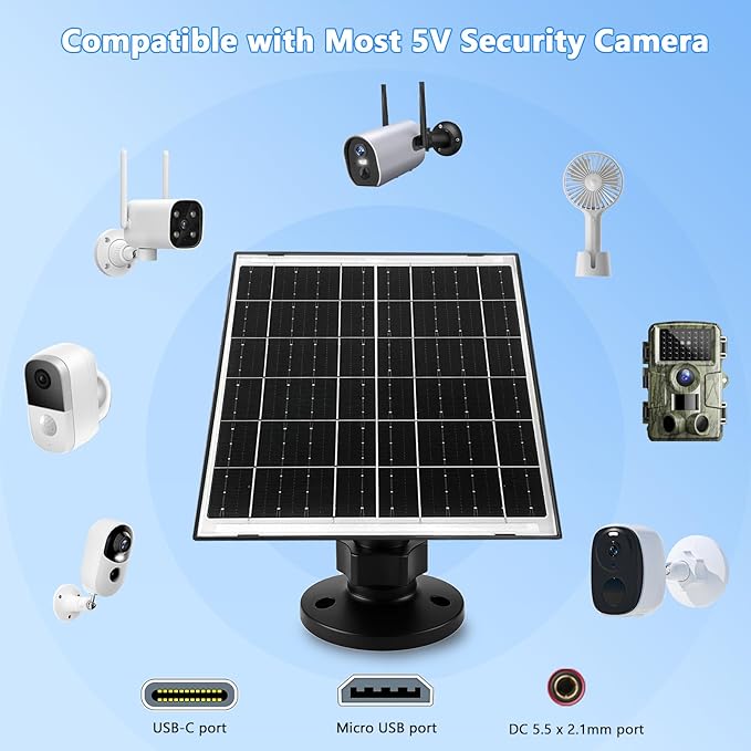 Zivif Solar Panel for Security Camera, 10W Solar Charger Compatible with Battery-Powered Camera, USB-C, Micro USB & DC 5.5x2.1mm Port, 360° Adjustable Mount, 7.2ft Cable