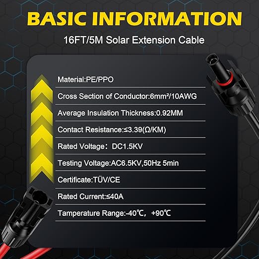 16Ft SolarCable SolarExtension Cable,10AWGSolar Panel ExtensionCable with Female and Male Connectors,Waterproof SolarExtension Cable Kit