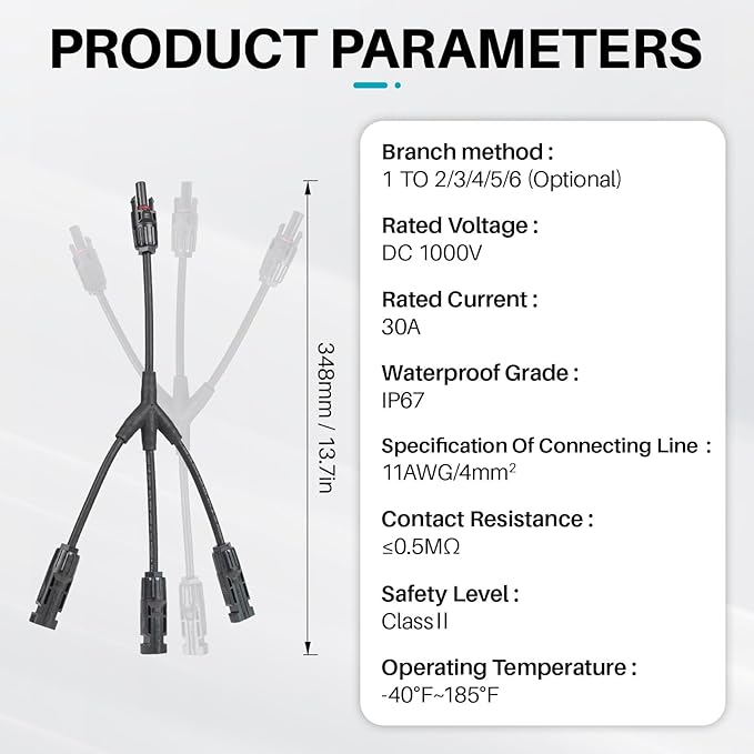 Solar Panel Connector 3 to 1 Y Branch Parallel Adapter, 30A 1000V 10AWG Tool-Free IP68 Waterproof Cable for Solar Panels (Y Branch, 3to1(1Pairs))