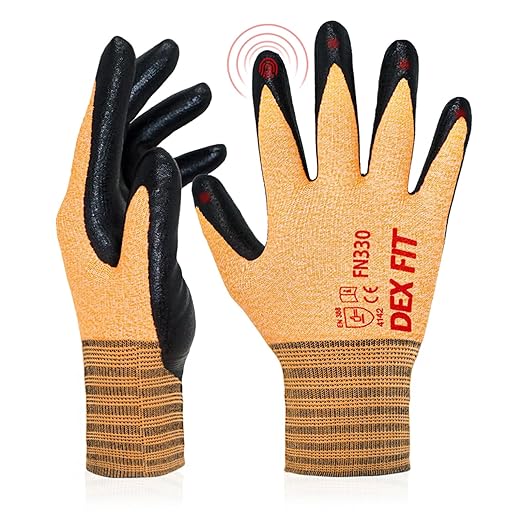 DEX FIT Nitrile Work Gloves FN330, 1 Pair, 3D-Comfort Stretchy Fit, Firm Grip, Thin & Lightweight, Touch-Screen Compatible, Durable, Breathable & Cool, Machine Washable; Orange XL (10)