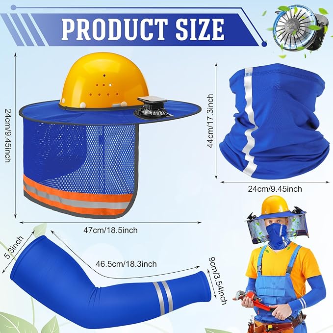 1 Set Sun Hard Hat Shade Full Brim Hard Hat Sun Visor with Solar Fans and Neck Sunshade Cover UV Reflective Strap Arm Sleeves Summer Protection Accessories