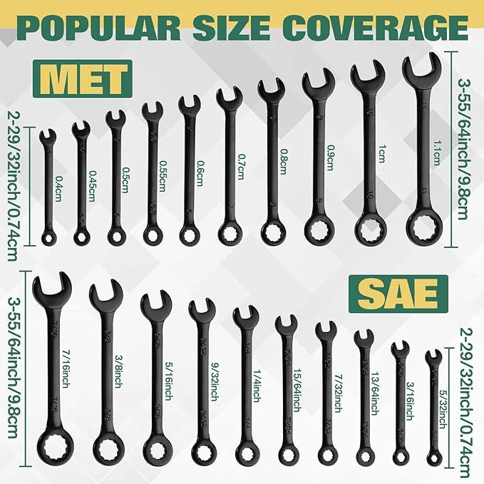 20PCS Mini Wrench Set Standard Metric and SAE 4mm-11mm & 5/32"-7/16" Open End and Box End Combination Wrench Set Super with Storage Roll Pouch and Key Rings, Black Electrophoretic Coating