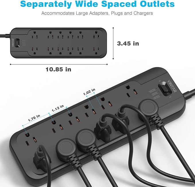 VINTAR Power Strip Surge Protector with 12 AC Outlets, 1875W Output, 10FT Long Extension Cord Flat Plug with Dual Surge Protection (2 × 4800 Joules) for Office, Home, ETL Listed, Black