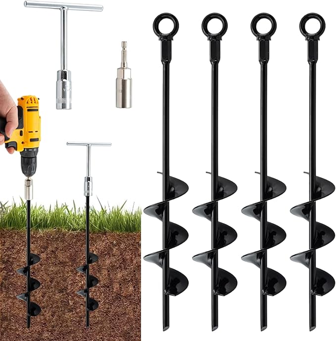 Ground Anchors Screw in 16 Inch, Earth Anchors Heavy Duty for Swing Set, Trampoline Ground Stakes Anchor, Shed Anchor Kit for Tent, Carports, Camping Resistant High Wind, 4 Pack, HOME MASTER HARDWARE