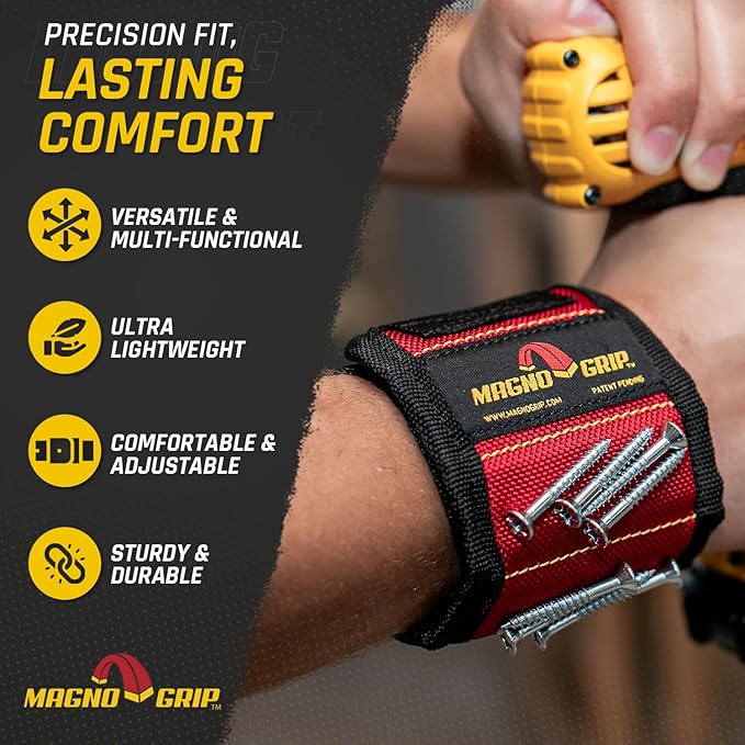 MagnoGrip Magnetic Wristband for Holding Screws, Nails, Drill Bits, Super Strong Magnets, Adjustable Strap, Essential Tool for DIYers, Handyman, Mechanics, Construction & Home Improvement - Red
