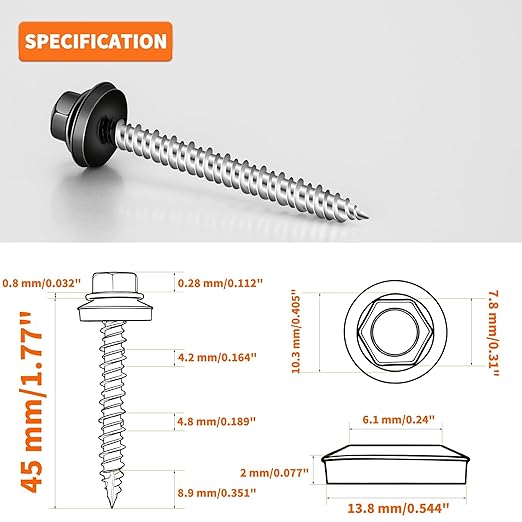 60 PCS #10 x 1-3/4" Hex Head Metal Roofing Screws with Bit, Black Painted Head Sheet Roof Screw with EPDM Washer, High-Low Thread, Self-Tapping Metal to Wood Screws for Roofing & Siding - TPOHH