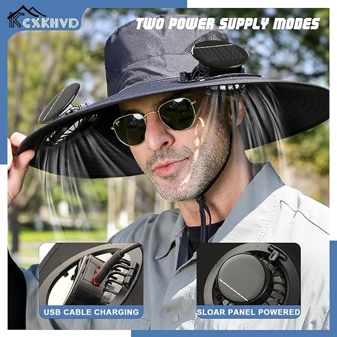 Wide Brim Solar Fan Hat, Fishing Hat with Fan for Men Removable & USB Charging Fan, Waterproof Outdoor Hiking Camping Fishing Hat Grey