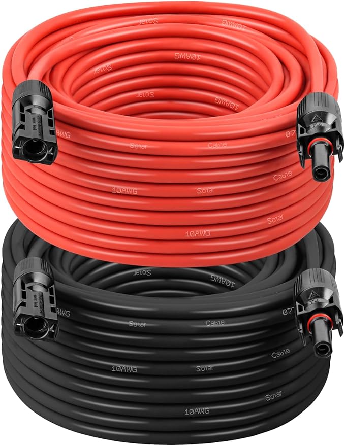 10AWG Solar Extension Cable 50FT – 2 Pack Red & Black PV Wire with Solar Connectors, 84-Strand Tinned Copper, Dual XLPE Insulated, Outdoor UV-Resistant Cable for RV, Inverter, Battery