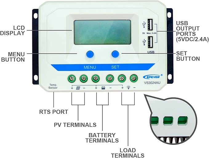 EPEVER Solar Charge Controller 30A PWM VS3024AU with Dual USB Ports Solar Panel Battery Regulator 12V/24V Auto Work with LCD Display (30A)