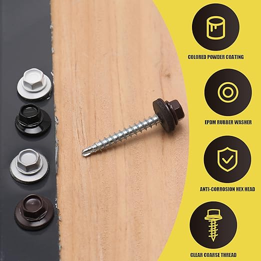 250pcs #10 x 1-1/2" White Hex Head Self-Drilling Metal Roofing Screws, EPDM Washer, Colored Head, Sheet Metal Roof Screw with Hex Driver Bit
