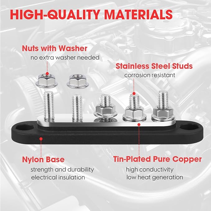 12v Bus Bar Power Distribution Block, 150A Busbars with 5 x 1/4" Studs for Marine Car Audio Solar System