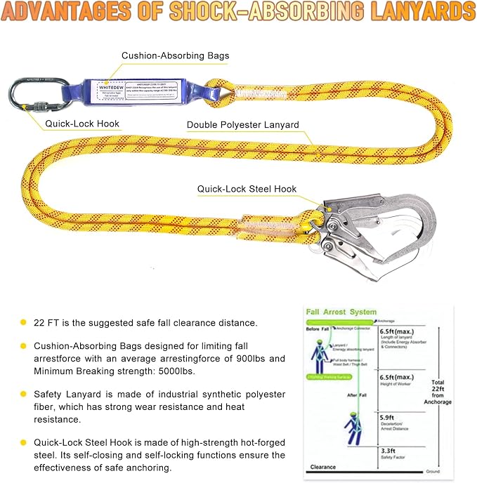 Safety Harness Fall Protection Kit with Shock Absorbing Lanyard, Roofing Work Harnesses Full Body Safety Harness for Construction (Yellow)