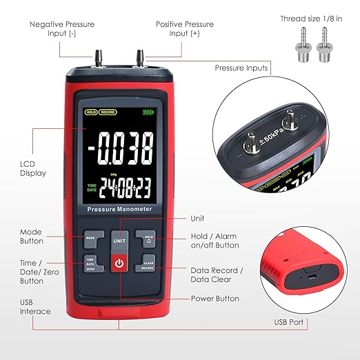 Manometer Data Logger, Dual-Port Digital Manometer Gas Pressure Tester Support PC Data Records, 13 Selectable Units Differential Pressure Gauge Manometer HVAC with Large LCD Screen