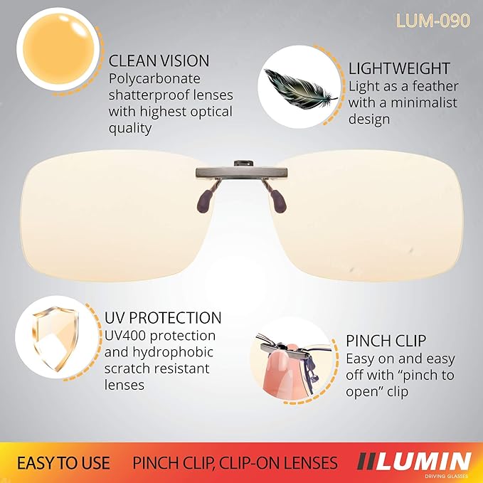Illumin Night Driving Clip On - All-Weather Glasses for Improved Road Safety, Advanced High Optical Quality Anti Glare Lenses'