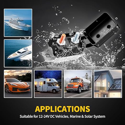 30 Amp Automatic Reset Circuit Breaker with Cover Stud Bolt, 6 Pieces 12V-24V DC for Automotive Marine Boat Car RV Truck Solar System and More, IP66 Waterproof (Black Cover)
