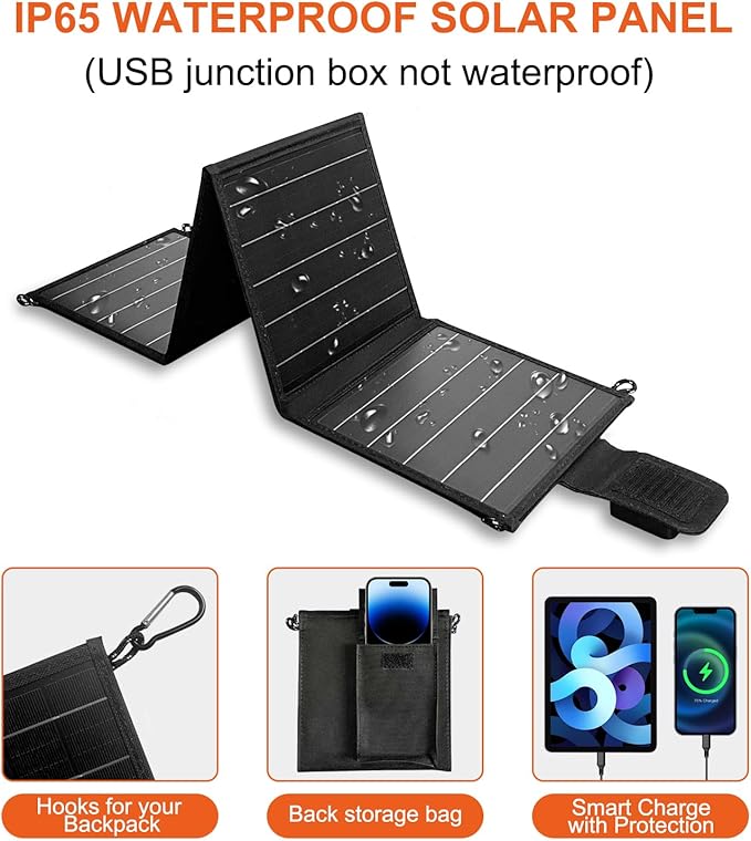 20W Portable Solar Panels Charger Foldable Solar Panel with Type C and USB A for Camping Backpacking Travel Fast Charging IP65 for iPhone,iPad,Power Bank,Camera,Power Station