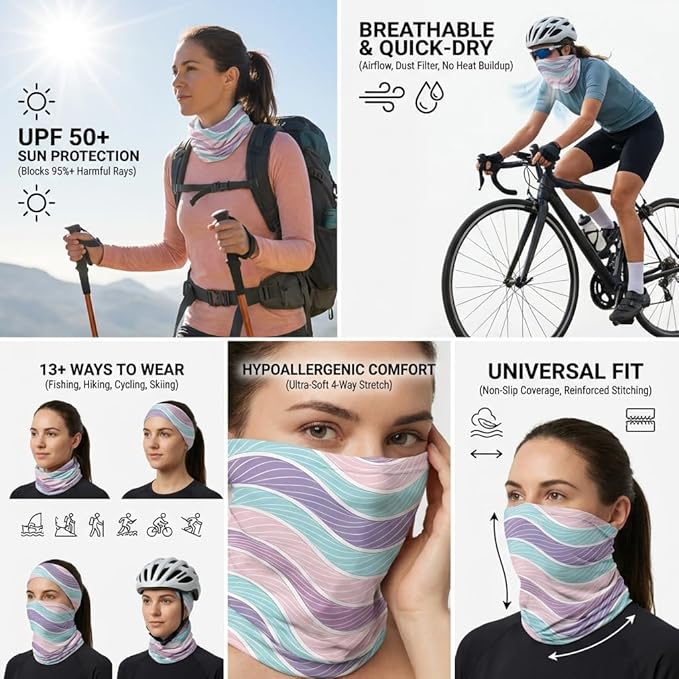 UPF 50 Sun Protection Neck Gaiter - 13-in-1 Multifunctional Face Cover for Hiking, Fishing, Cycling