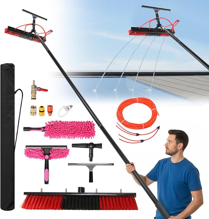 Solar Panel Cleaning Brush Water Fed Pole Brush Kit with 20m Hose Extendable Solar Panel Washing Tool with 180° Rotating Brushhead for Solar Panel Roof Car