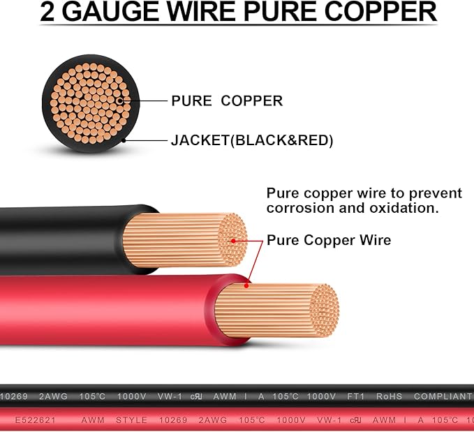 Battery Cable - iGreely 2 AWG 2 Gauge Wire Made with OFC Copper Wire Battery Power Inverter Cables with 5/16" Lugs Terminals for Welding Solar Panel Automotive Car Motorcycle RV Marine 2ft/60cm