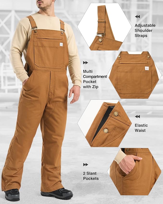 HISEA Insulated Bib Overalls for Men, Winter Water Resistant Duck Canvas Overall, Loose Fit Utility Workwear for Cold Weather