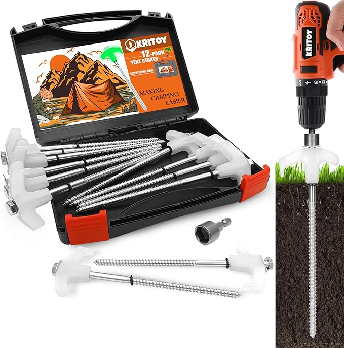 12 Pack Tent Stakes Heavy Duty - 8" Ground Anchors Screw in - Camping Stakes with Grow in The Dark Heads - Metal Threaded Tent Spikes with Hex Head Driver and Storage Box