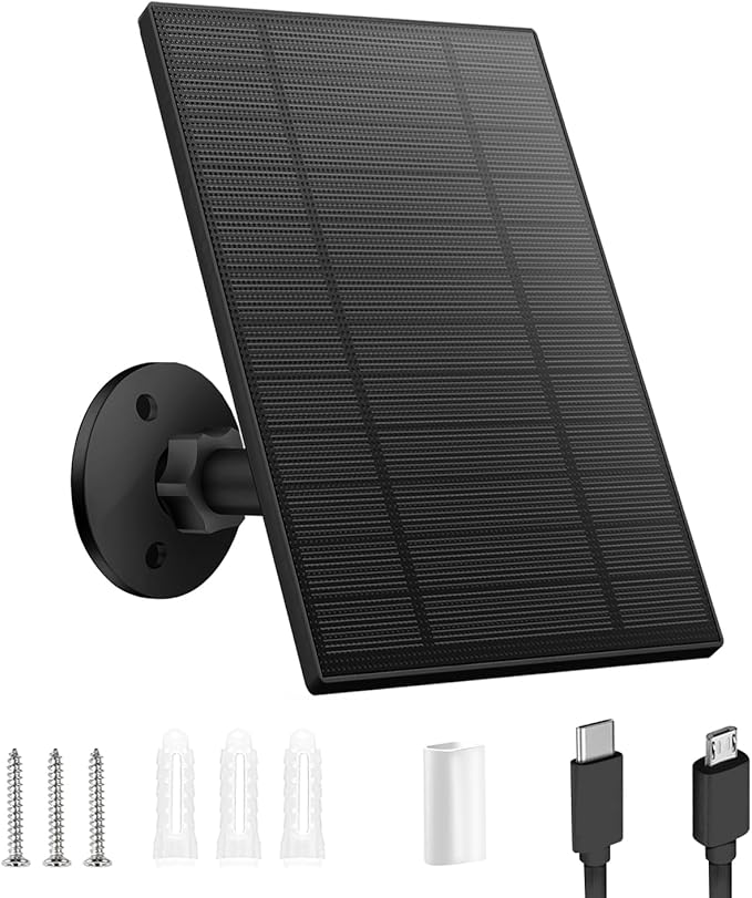 5W Solar Panel for Security Camera, Solar Panel with Micro USB & USB-C Port for DC 5V Outdoor Rechargeable Battery Camera, IP65 Waterproof, 360° Adjustable Security Mount, 9.8ft Cable(Black 1PC)